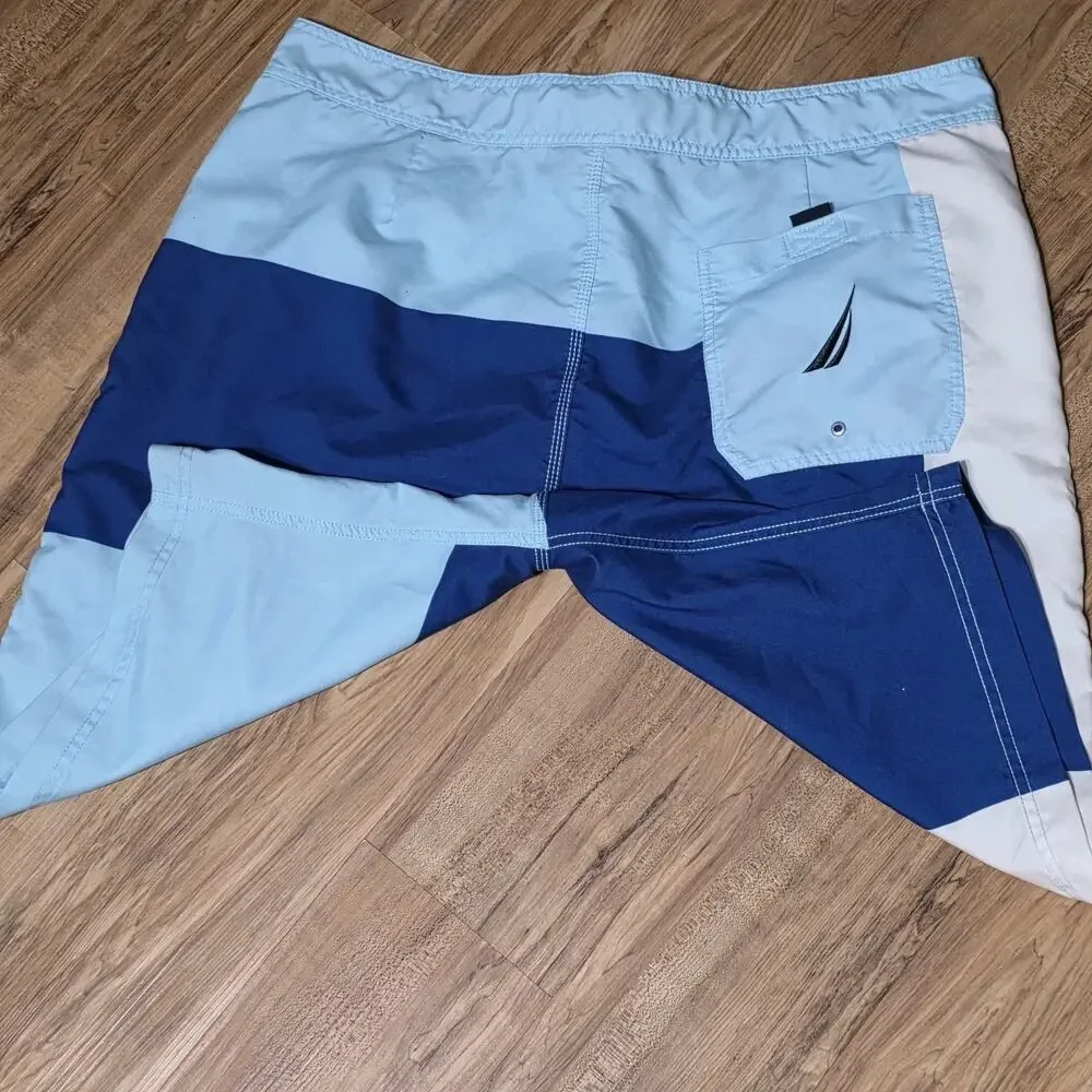 Nautica Men’s Board Shorts 38W Blue Colorblock Swim Trunks 100% Polyester